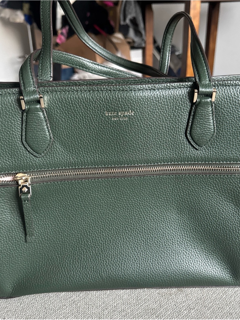 kate spade Forest Green Pebbled Leather Tote with Front Zip